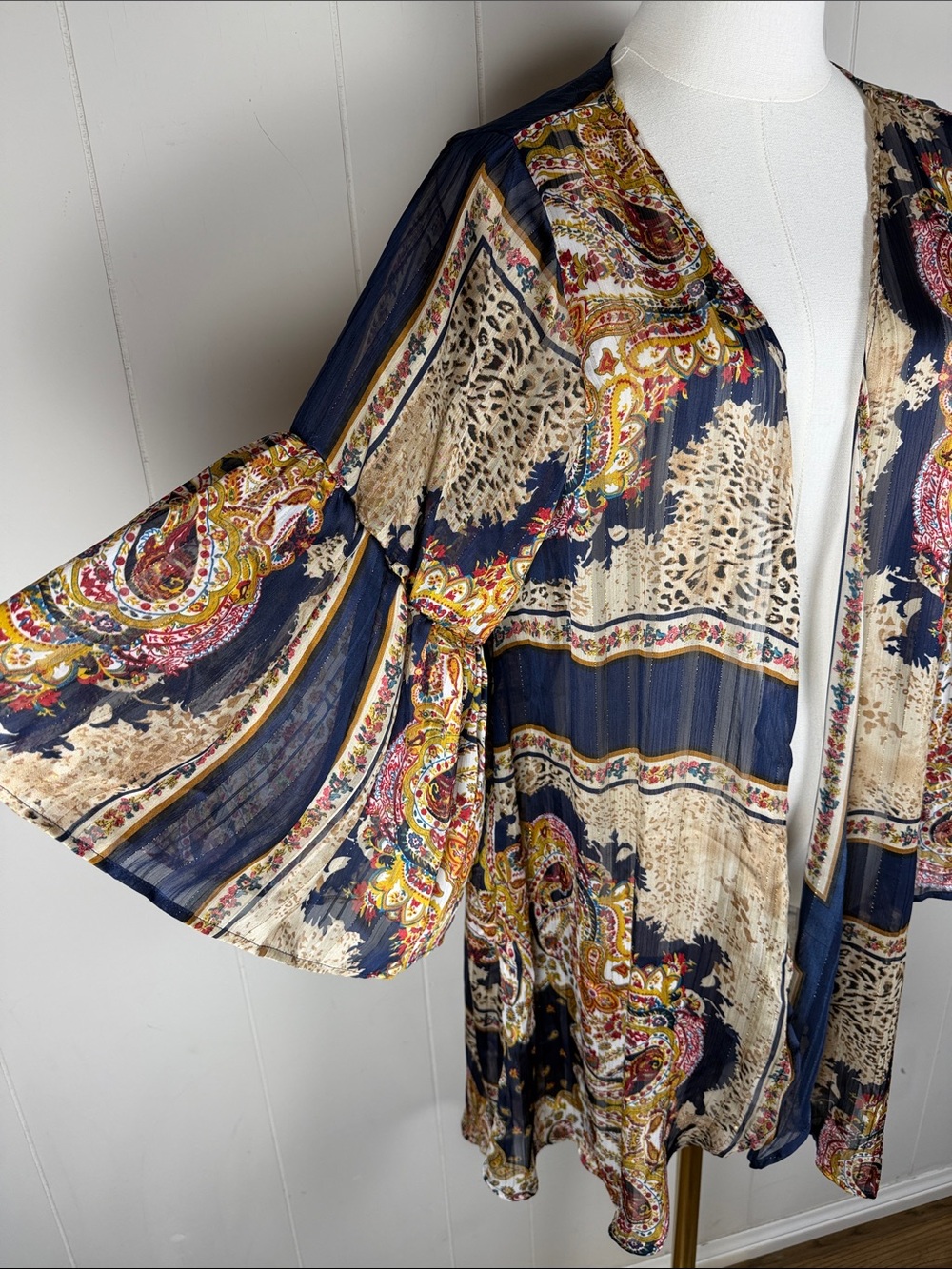Umgee NWT Boho Paisley Open-Front Kimono Sheer Bell Sleeve Patchwork Print Large - Picture 2 of 11
